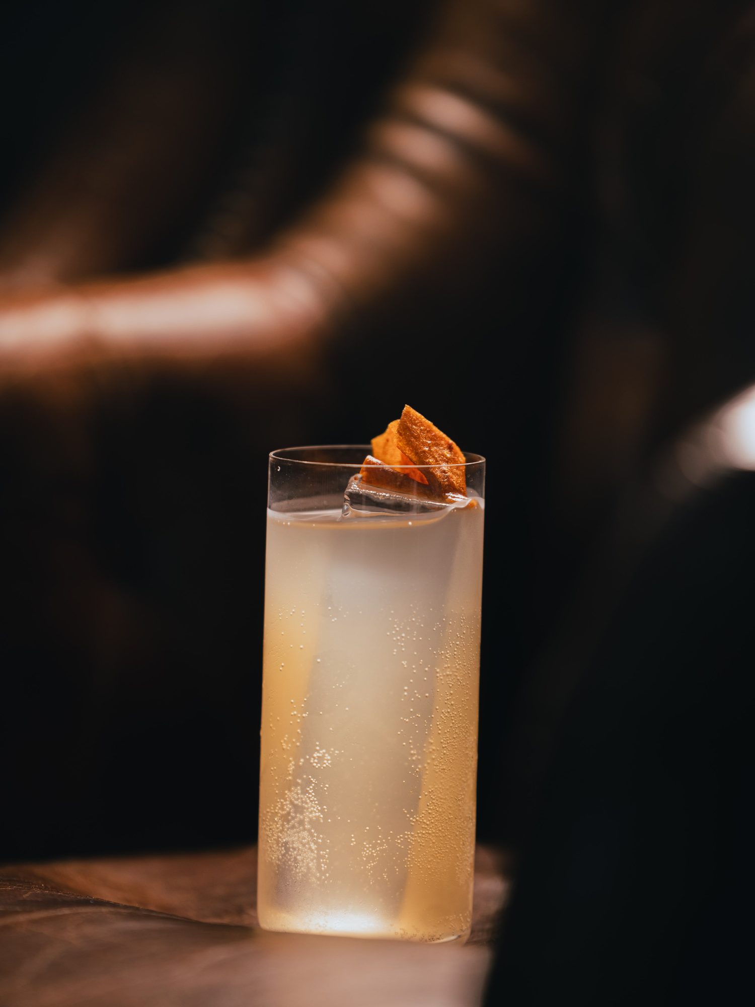 A tall, bubbly cocktail with a dried-fruit garnish